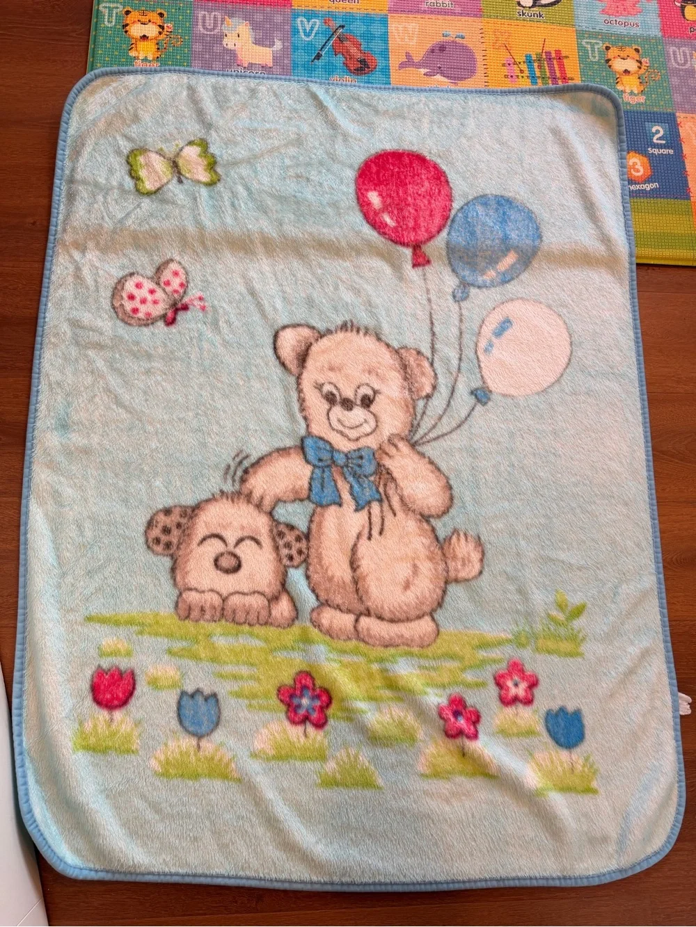 Vintage Baby Blanket Teddy Bear Balloons Puppy Dog Butterfly Blue Plush Lg 52x42